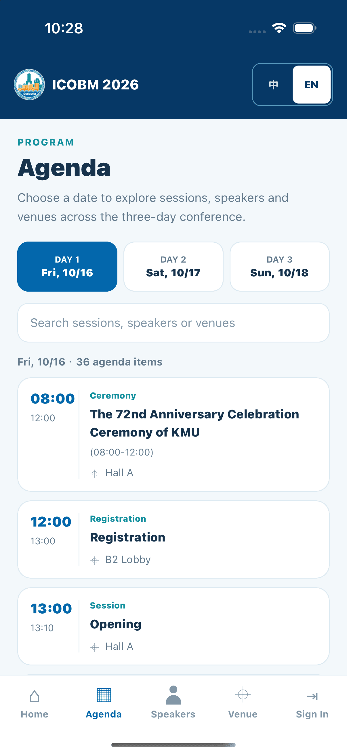 ICOBM 2026 app agenda with date selection, session search and venue information
