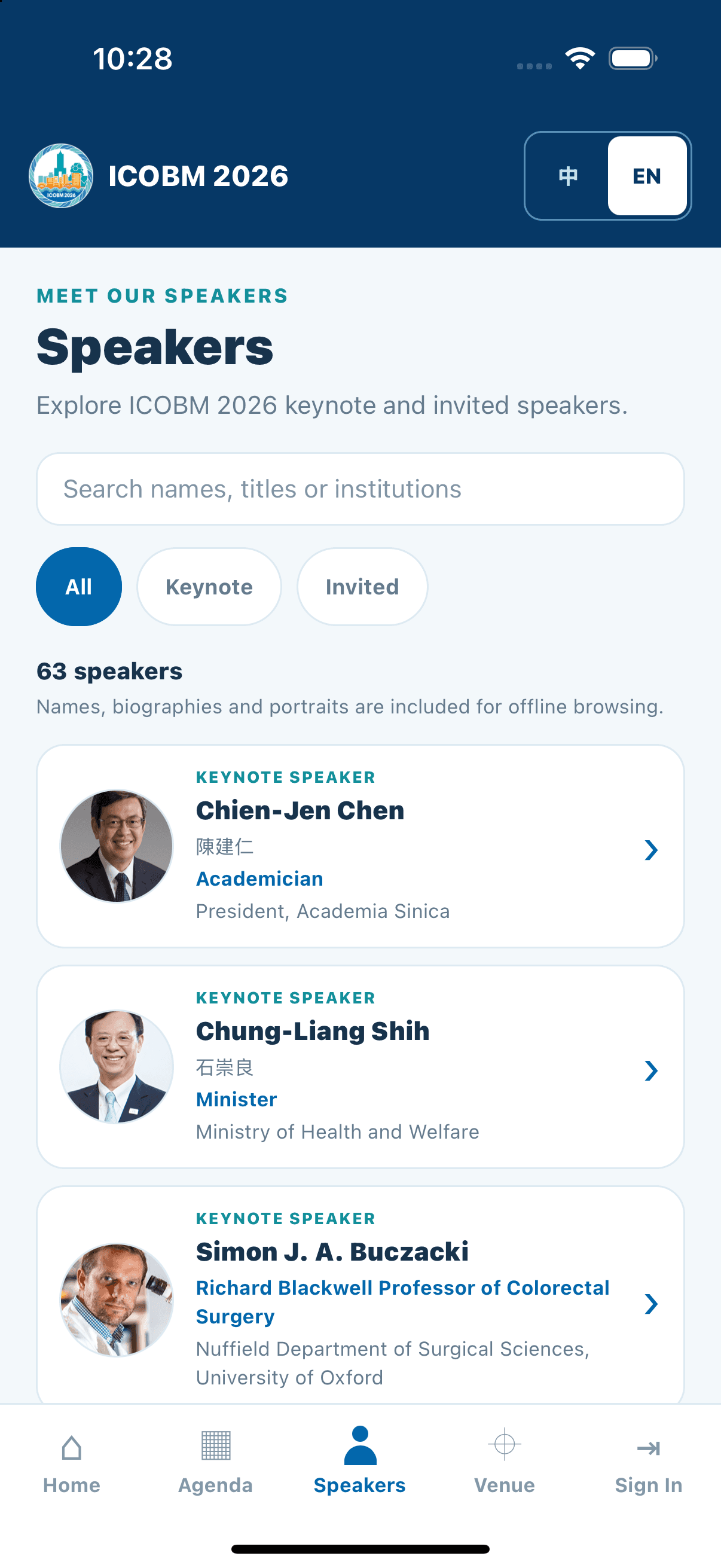 ICOBM 2026 app speaker directory with portraits and profiles